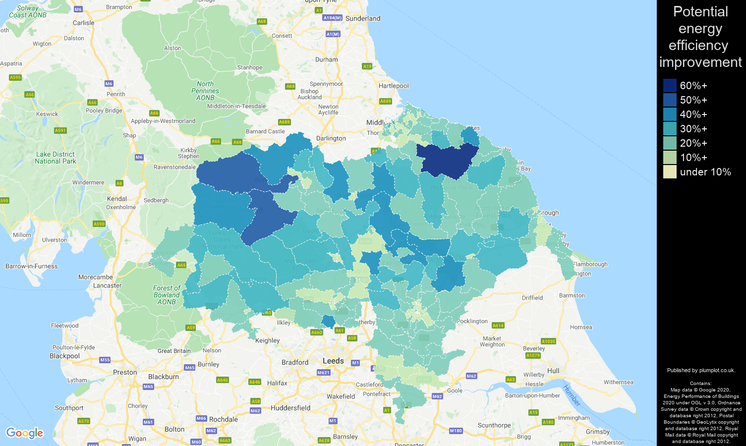 North Yorkshire map of potential energy efficiency improvement of properties