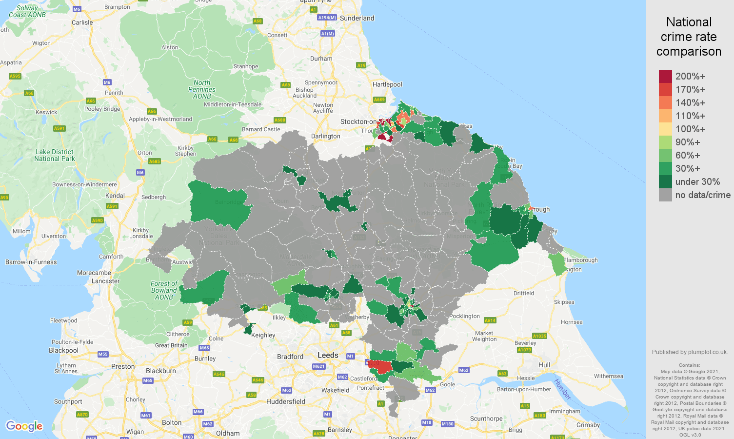 North Yorkshire robbery crime rate comparison map