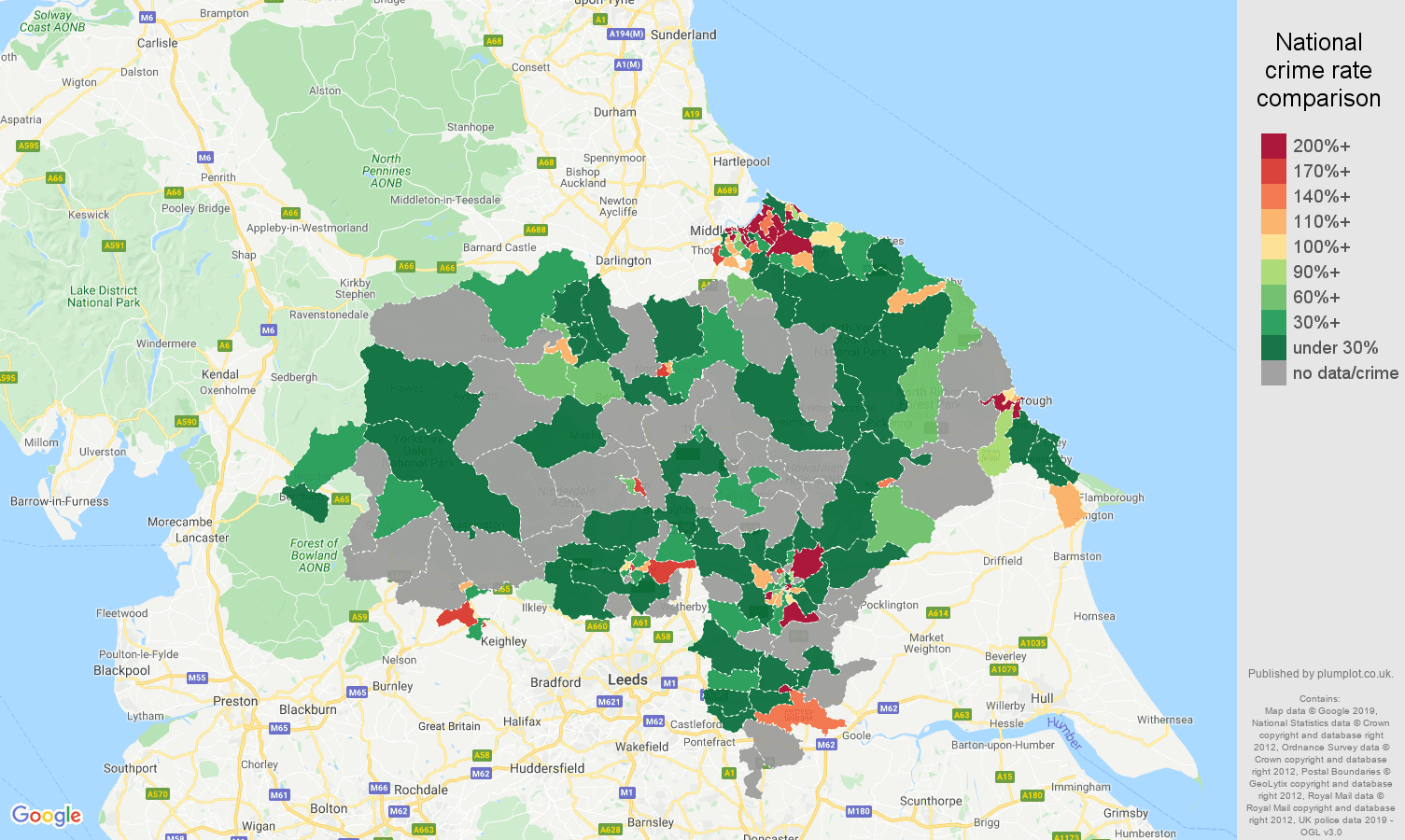 North Yorkshire shoplifting crime rate comparison map