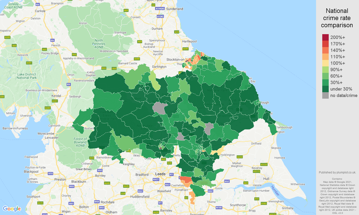North Yorkshire vehicle crime rate comparison map