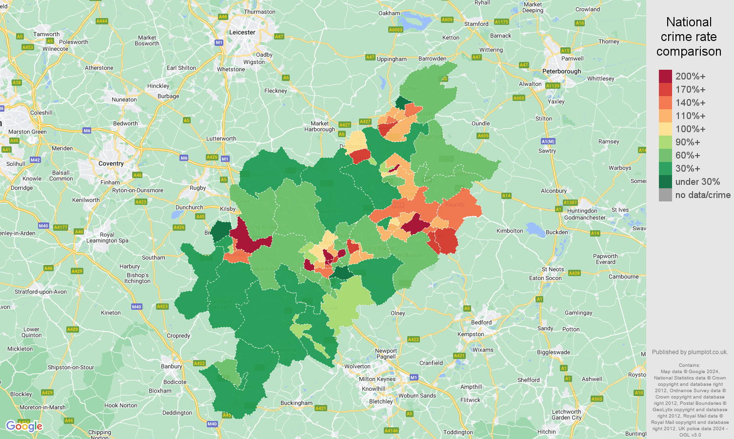 Northampton antisocial behaviour crime rate comparison map