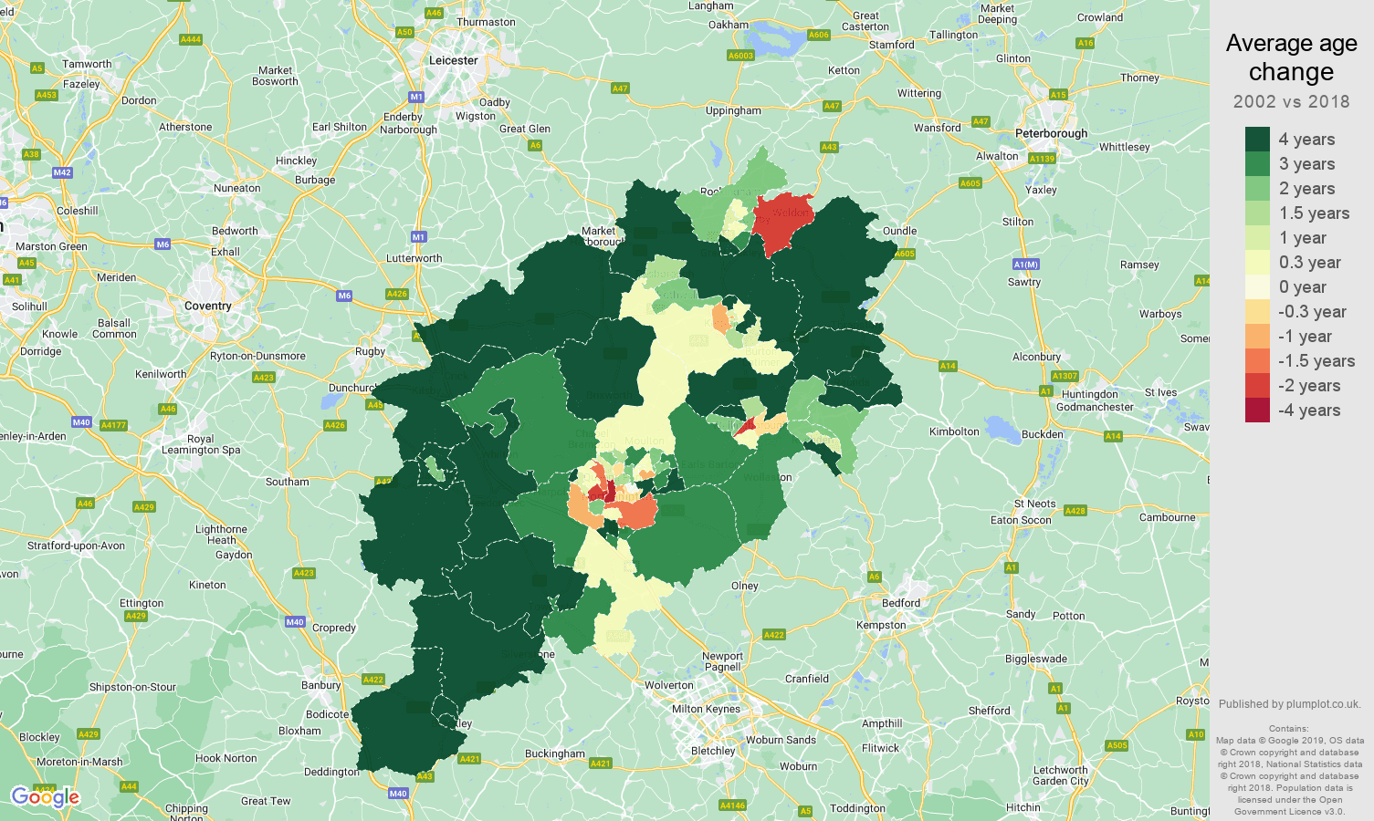 Northampton average age change map