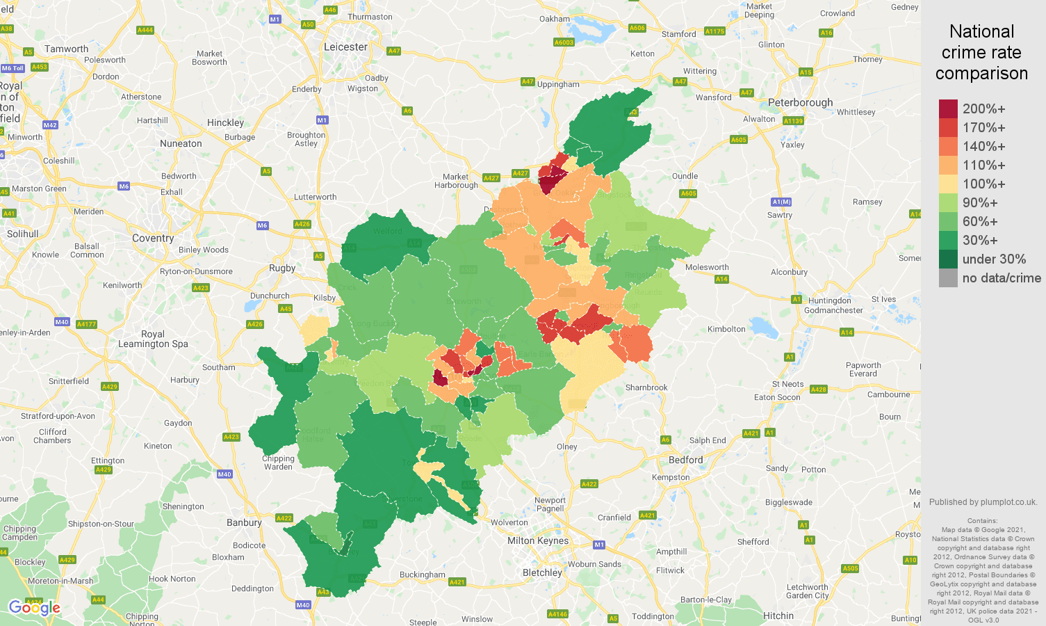 Northampton criminal damage and arson crime rate comparison map