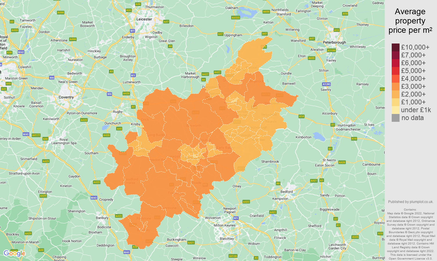 Northampton house prices per square metre map