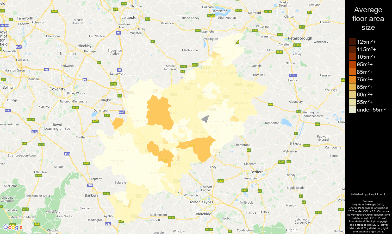 Northampton map of average floor area size of flats