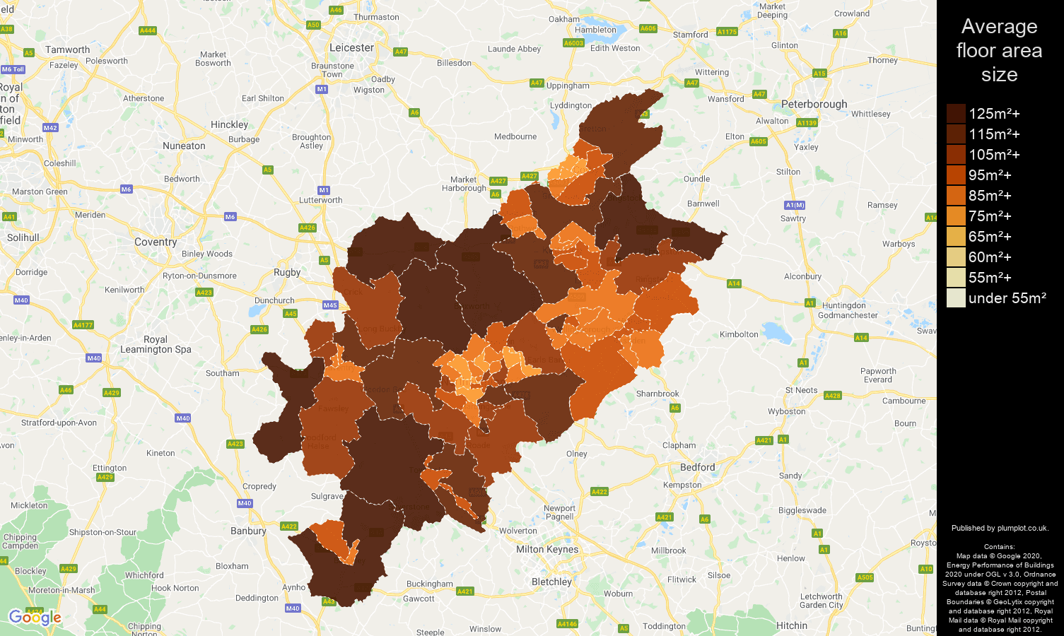 Northampton map of average floor area size of houses