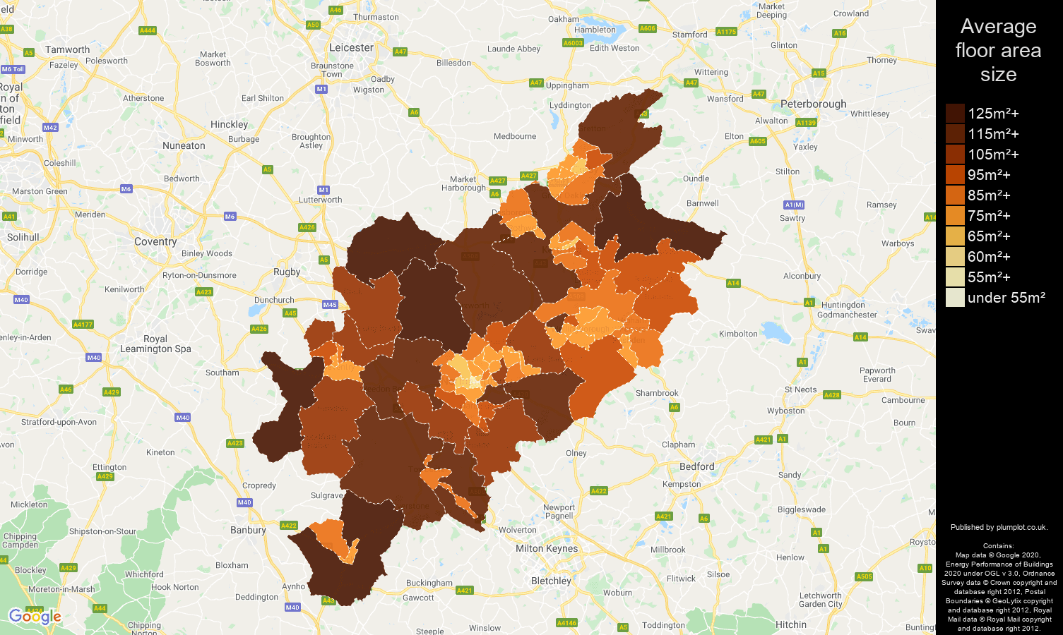 Northampton map of average floor area size of properties