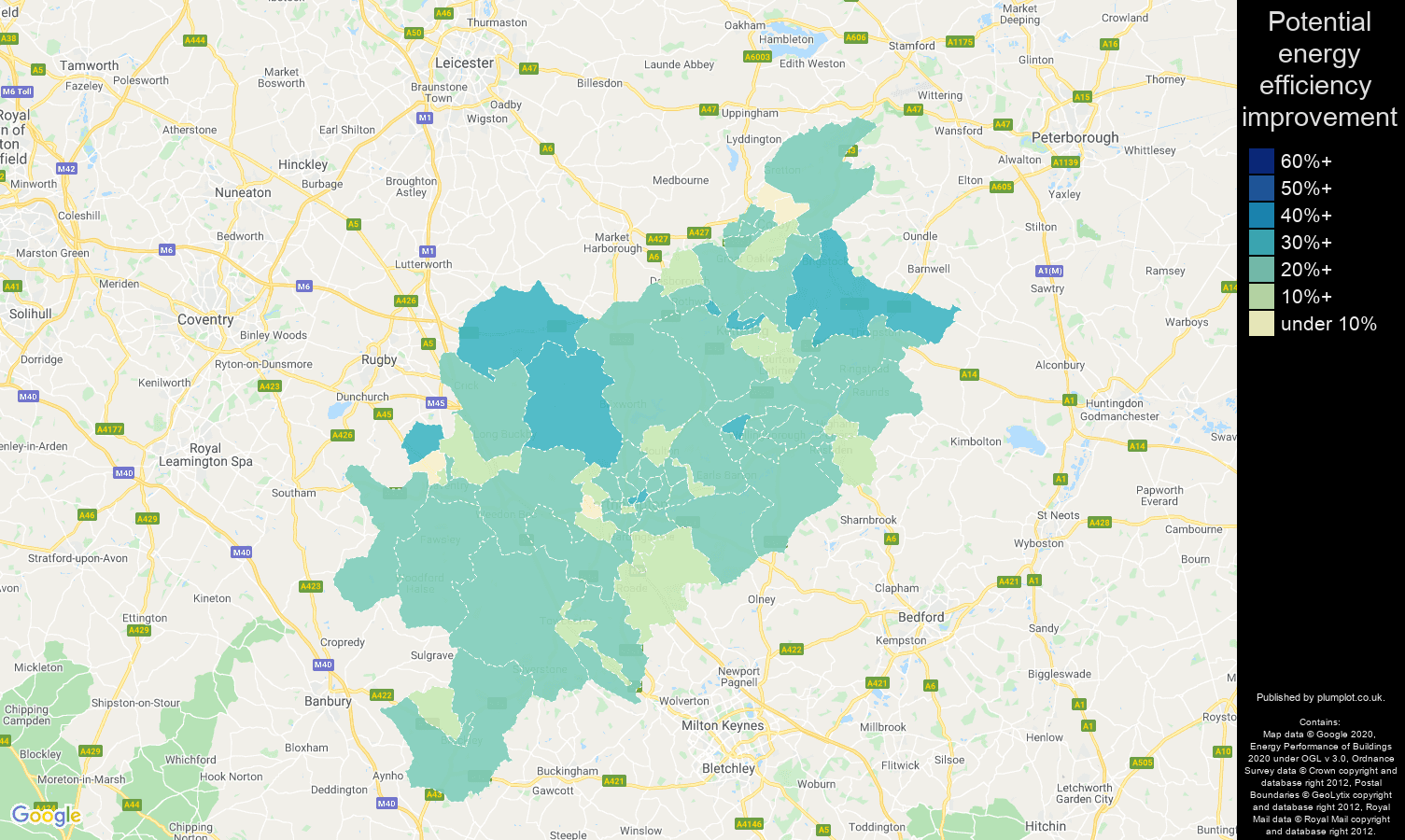 Northampton map of potential energy efficiency improvement of houses