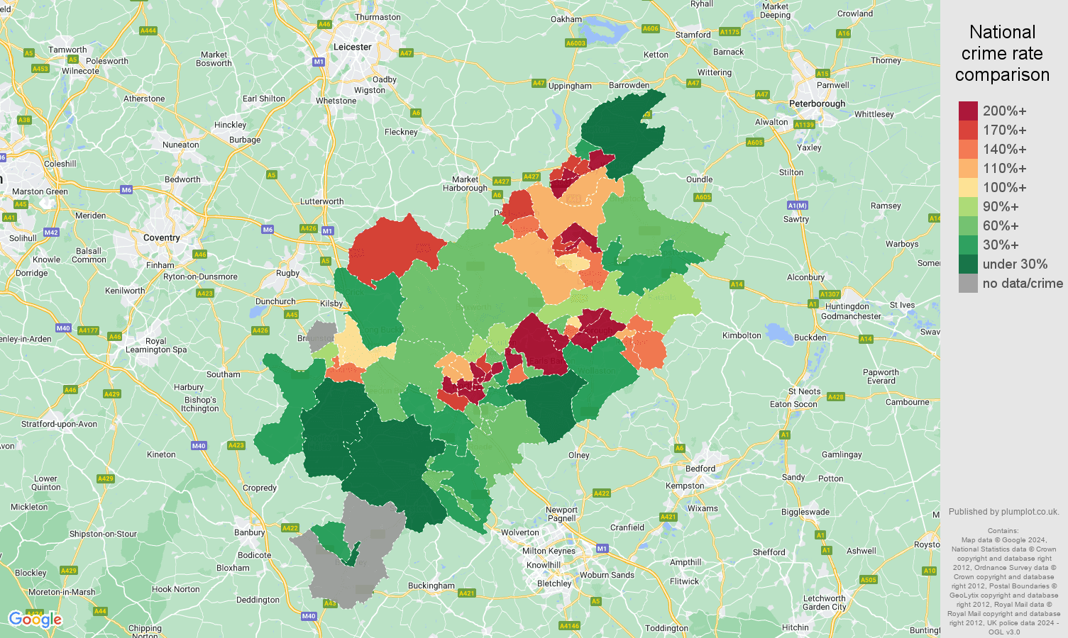 Northampton possession of weapons crime rate comparison map