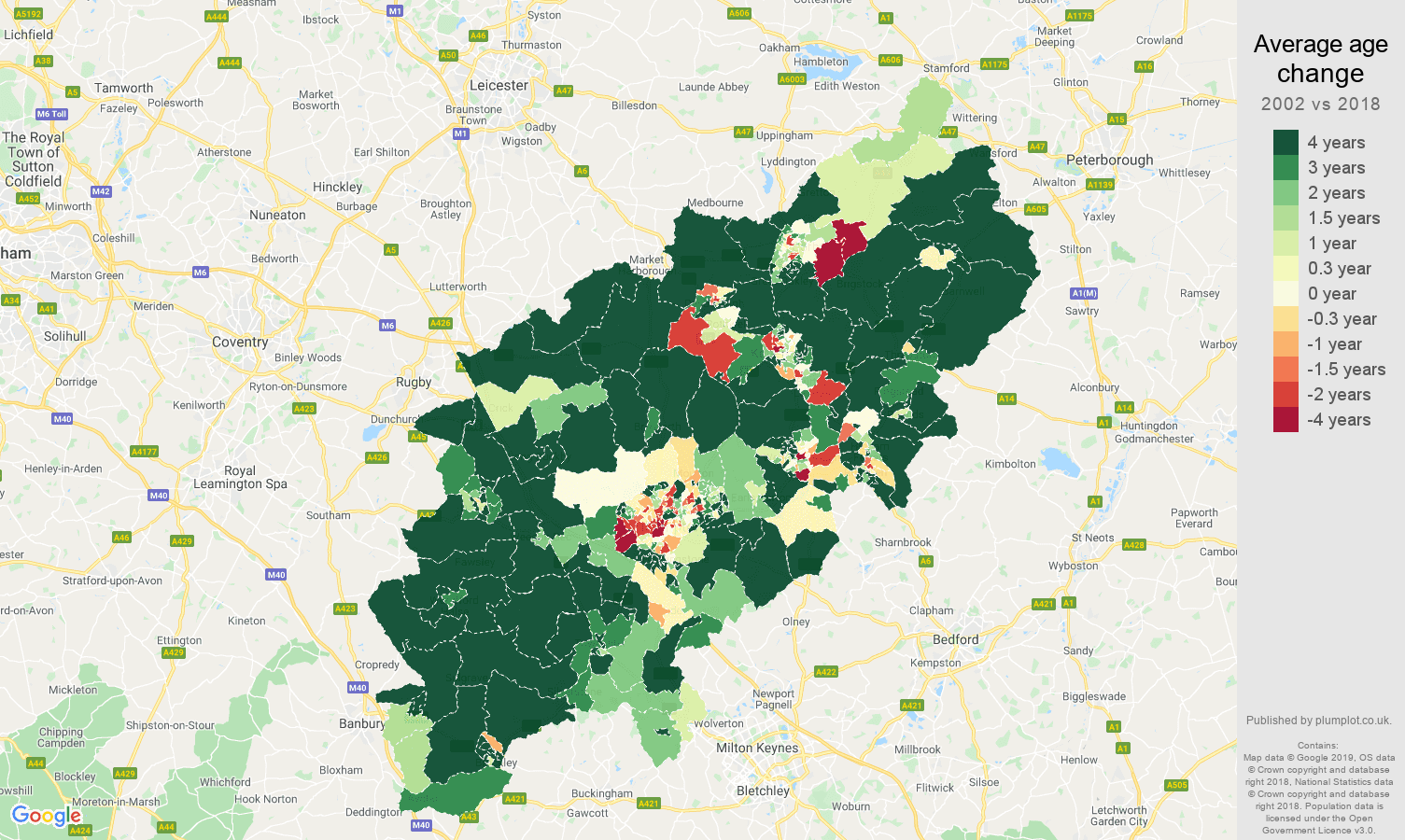 Northamptonshire average age change map