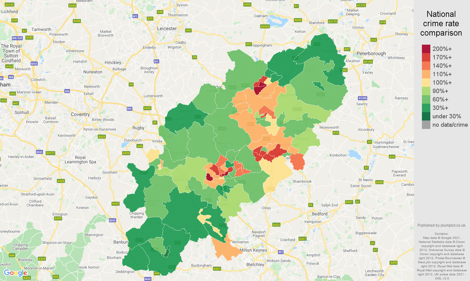 Northamptonshire criminal damage and arson crime rate comparison map