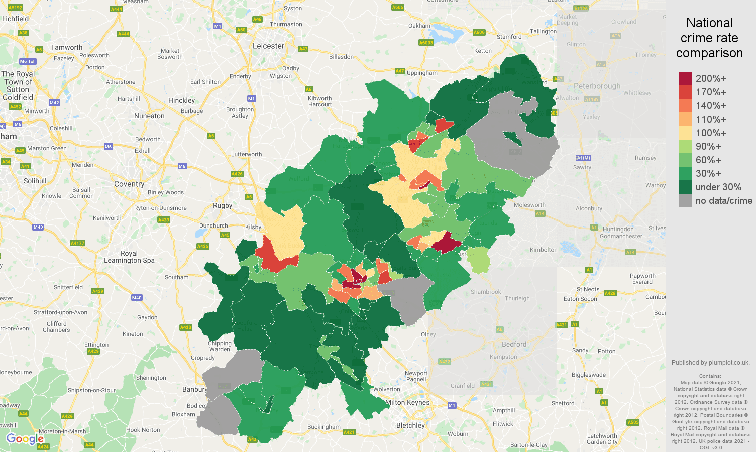 Northamptonshire drugs crime rate comparison map
