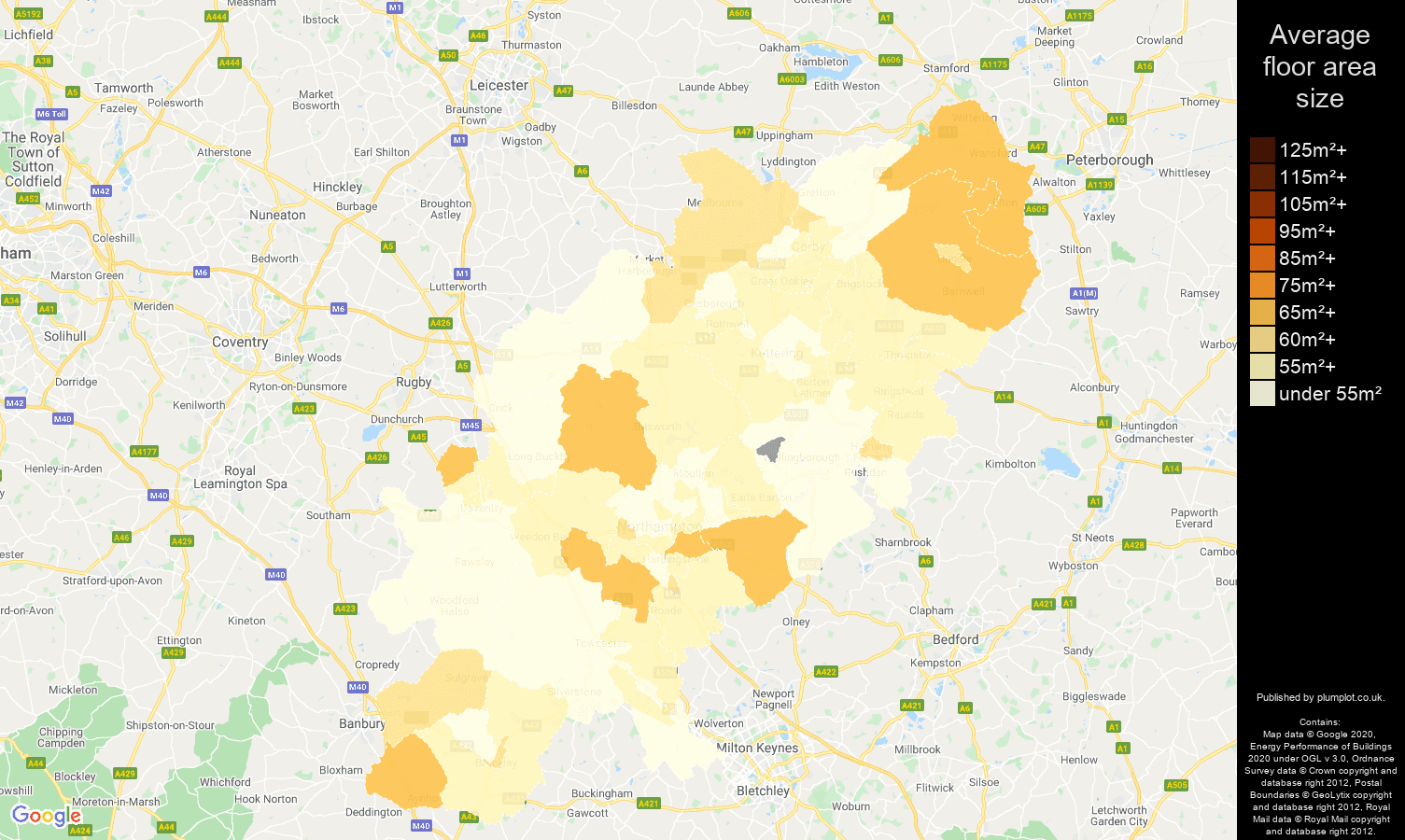 Northamptonshire map of average floor area size of flats