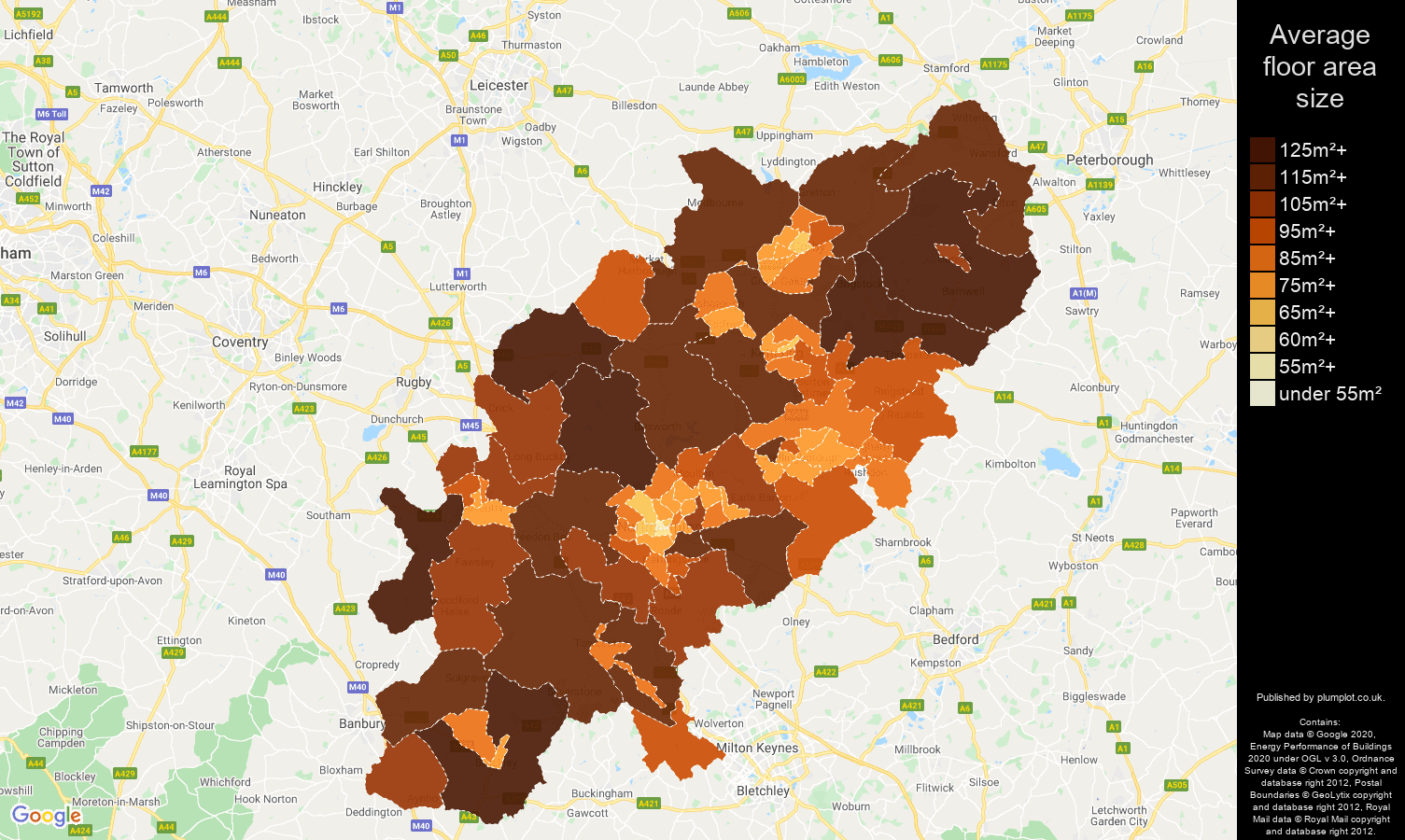 Northamptonshire map of average floor area size of properties