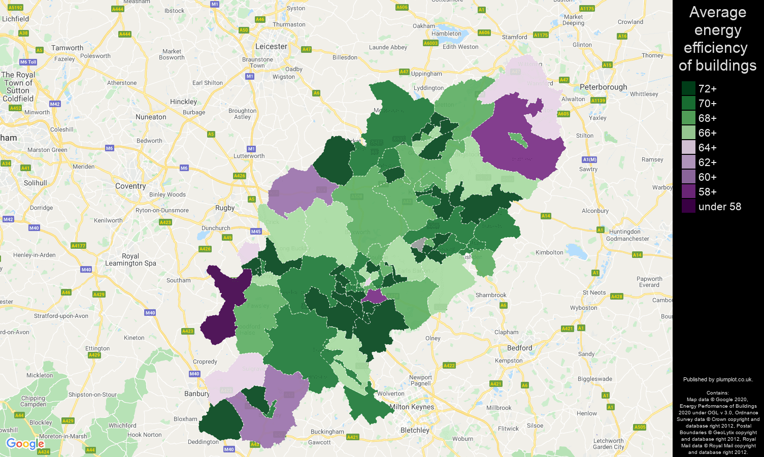 Northamptonshire map of energy efficiency of flats