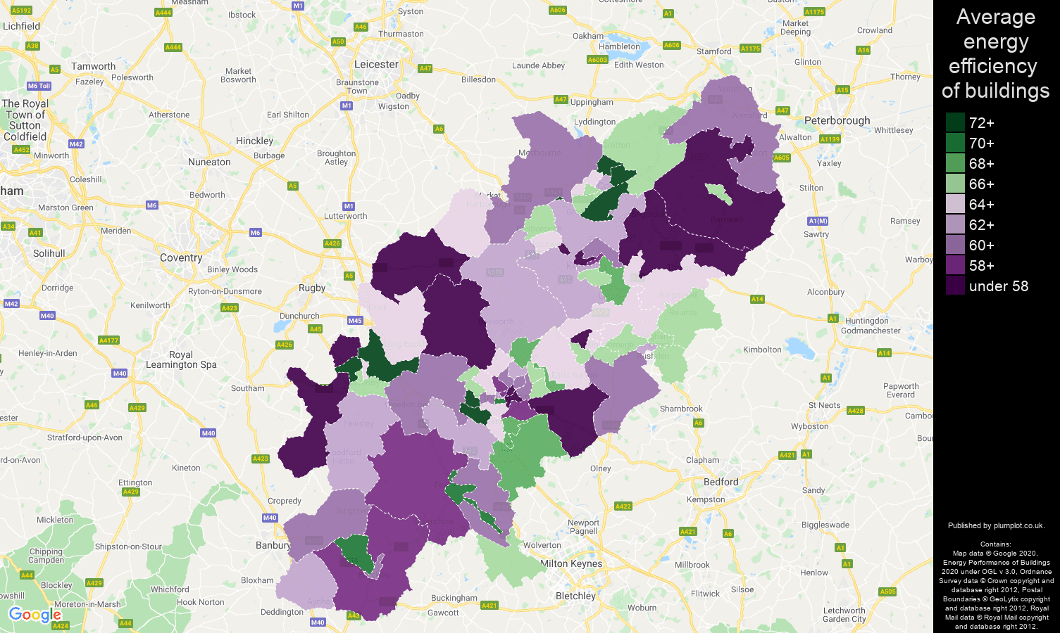 Northamptonshire map of energy efficiency of houses