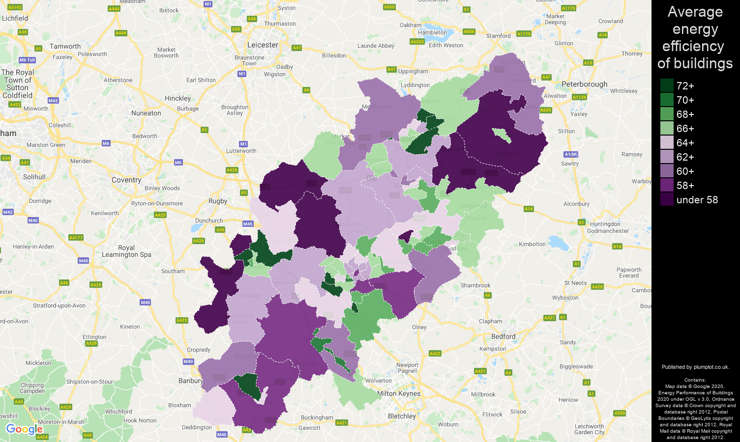 Northamptonshire map of energy efficiency of properties