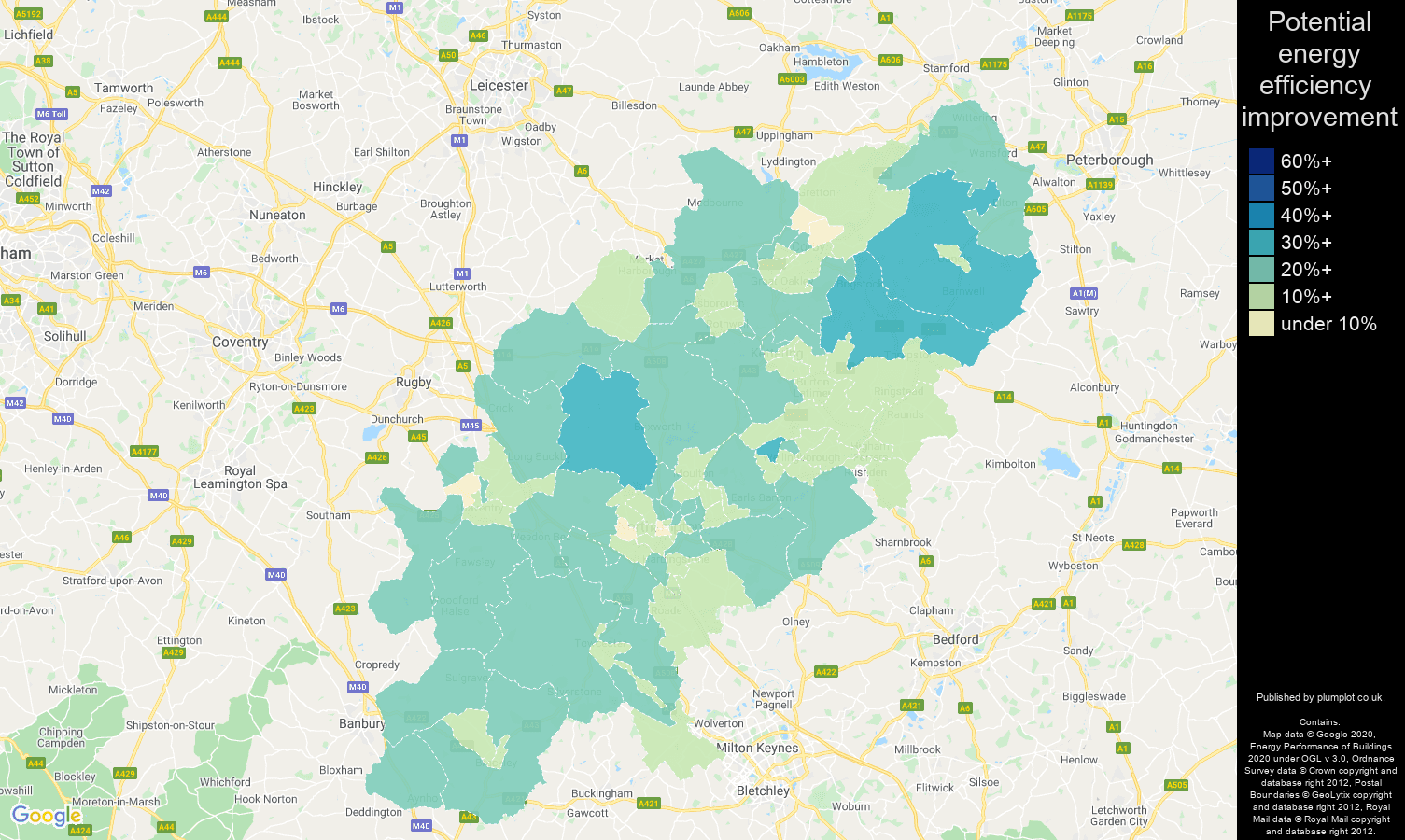 Northamptonshire map of potential energy efficiency improvement of properties