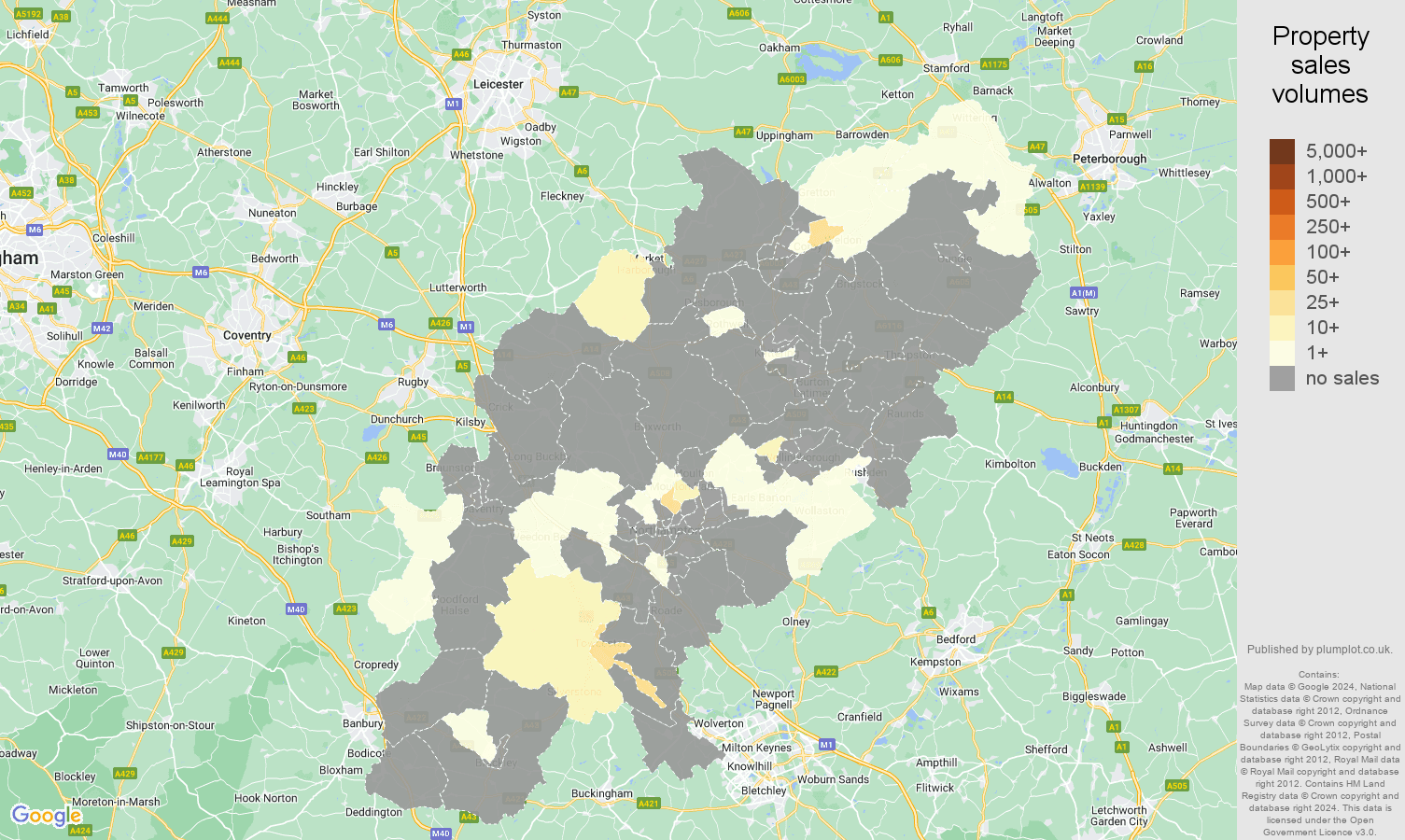 Northamptonshire map of sales of new properties