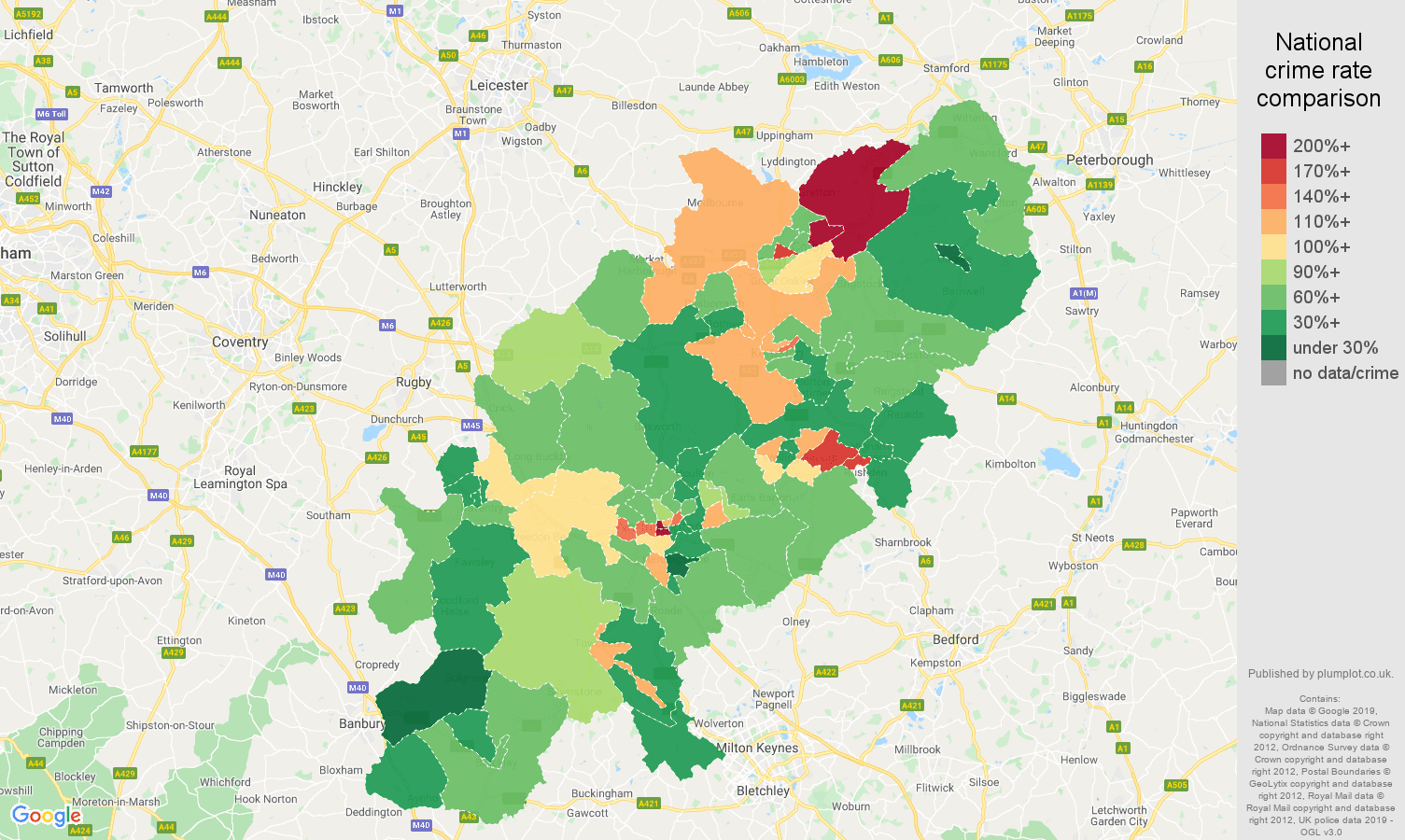 Northamptonshire other theft crime rate comparison map