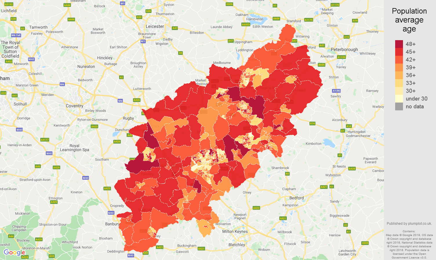 Northamptonshire population average age map