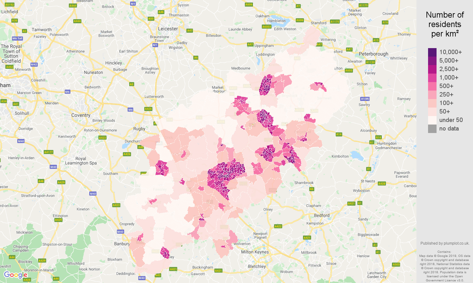 Northamptonshire population density map
