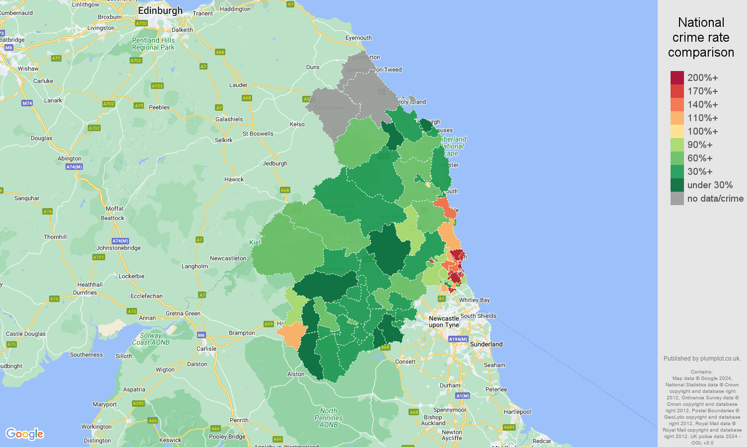 Northumberland crime rate comparison map