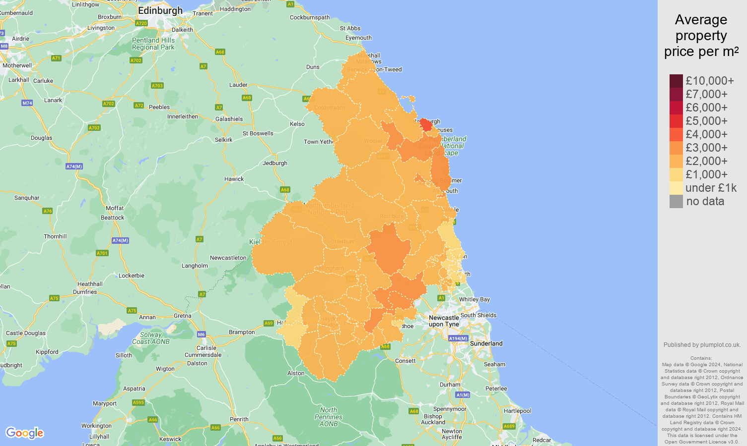 Northumberland house prices per square metre map