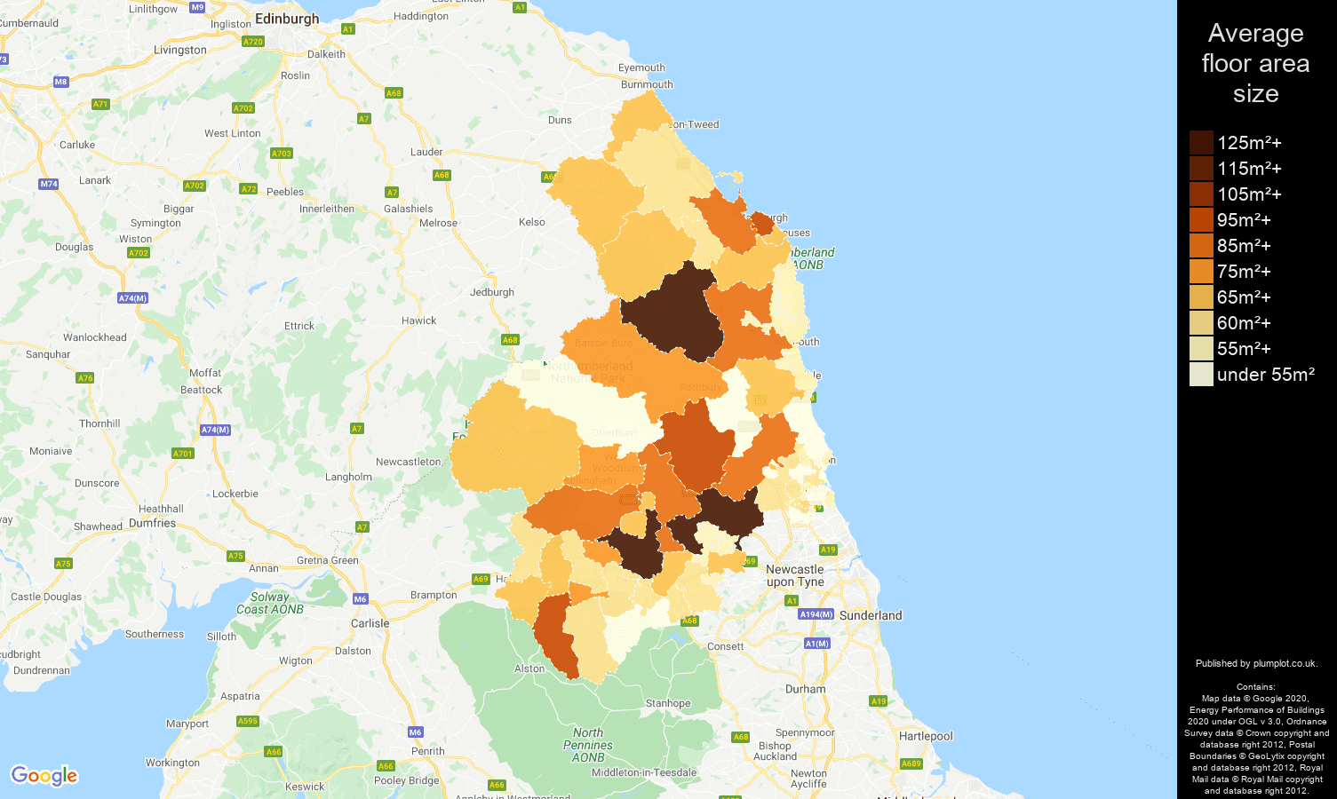 Northumberland map of average floor area size of flats