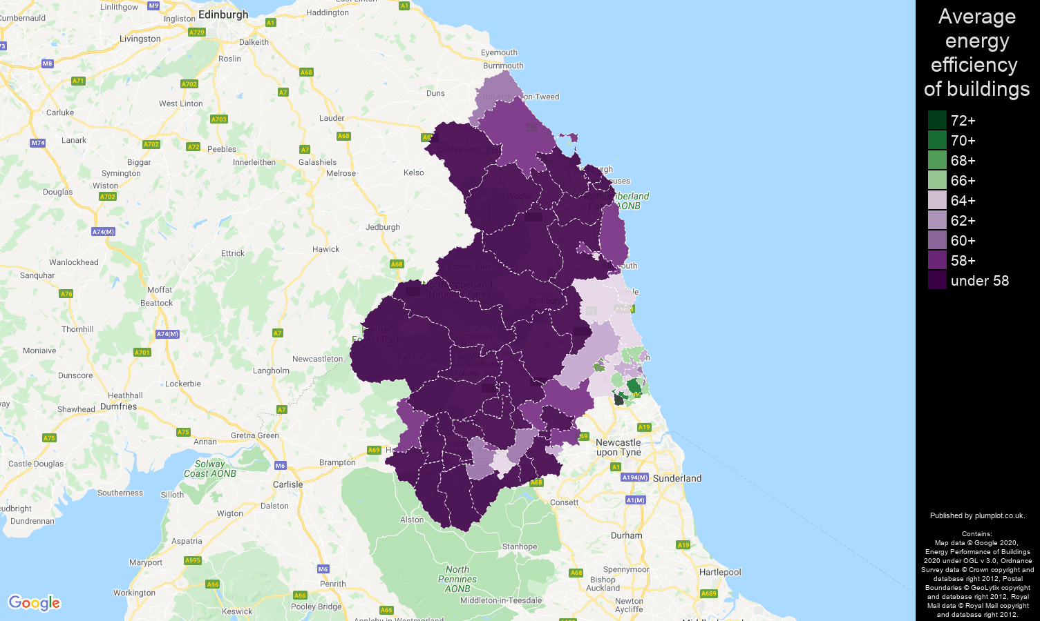 Northumberland map of energy efficiency of houses