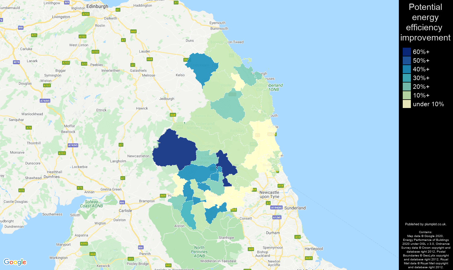 Northumberland map of potential energy efficiency improvement of flats