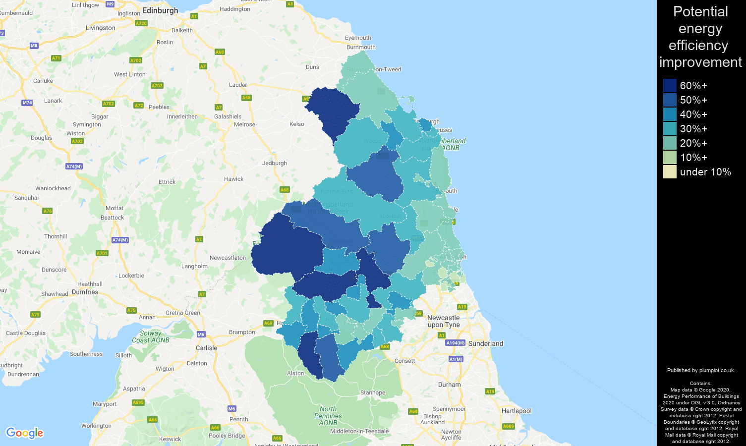Northumberland map of potential energy efficiency improvement of houses