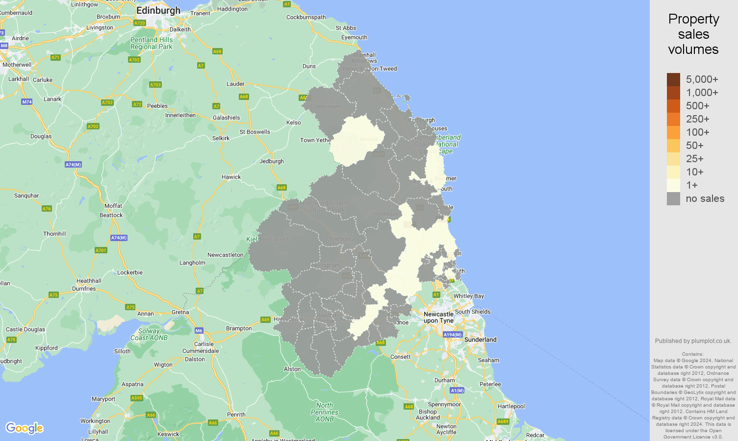 Northumberland map of sales of new properties