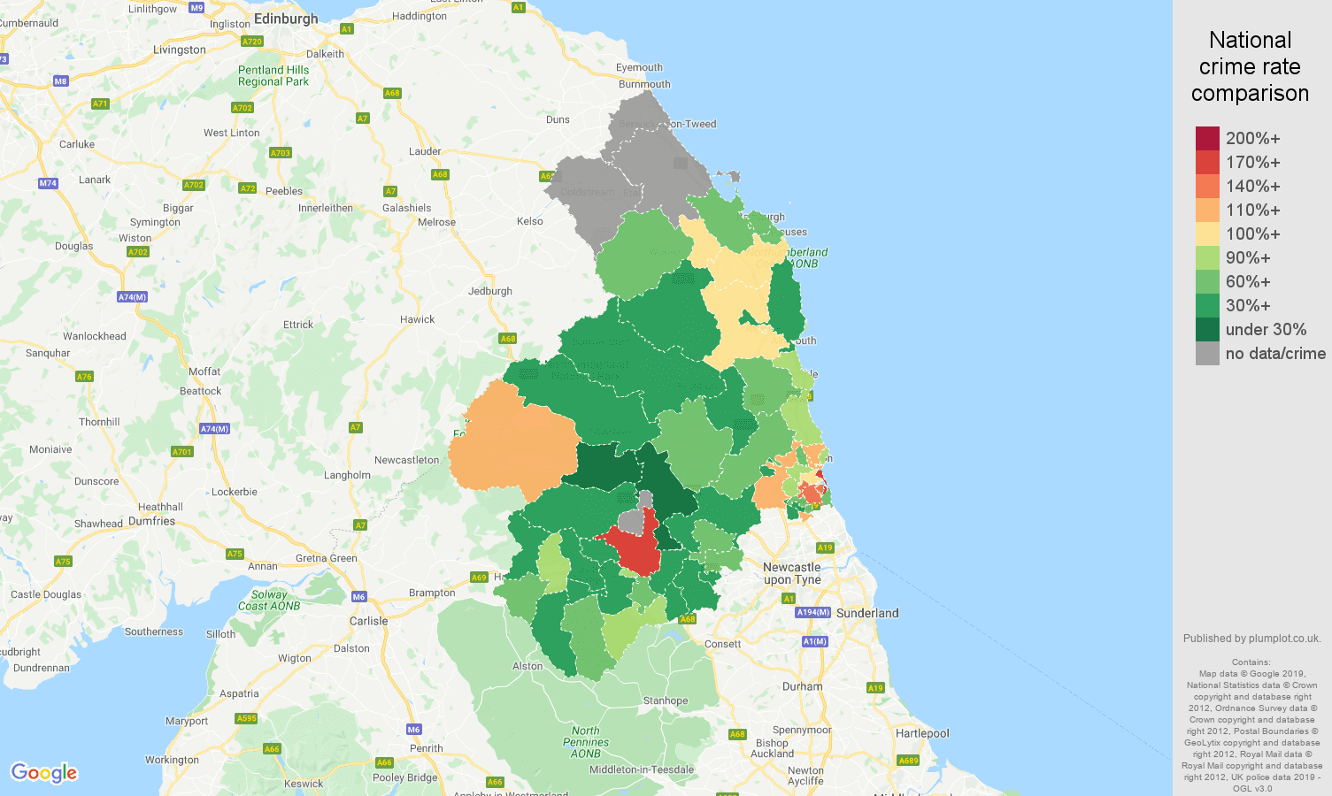 Northumberland other theft crime rate comparison map