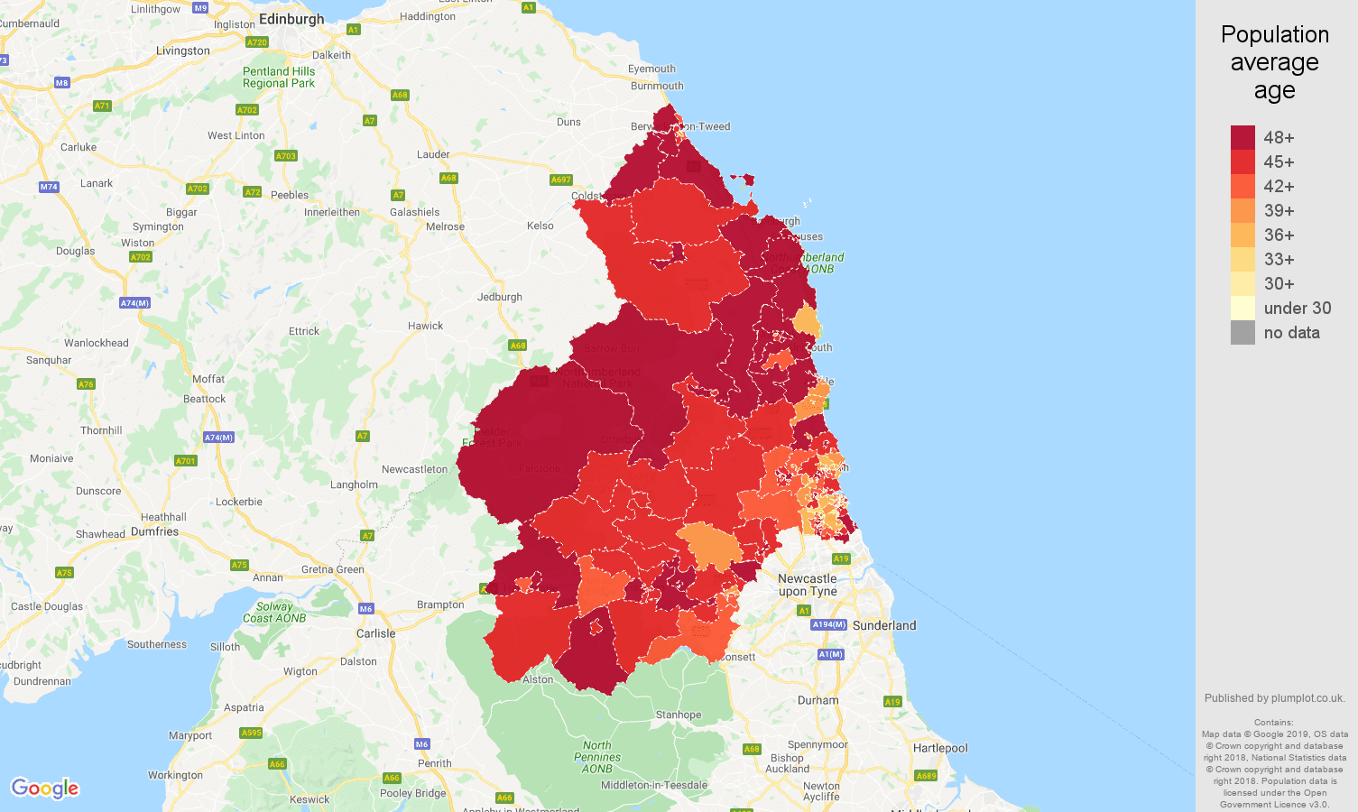 Northumberland population average age map