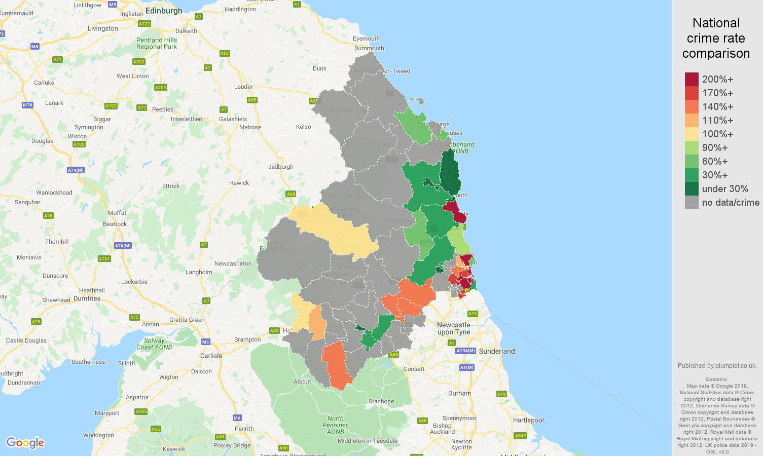 Northumberland possession of weapons crime rate comparison map