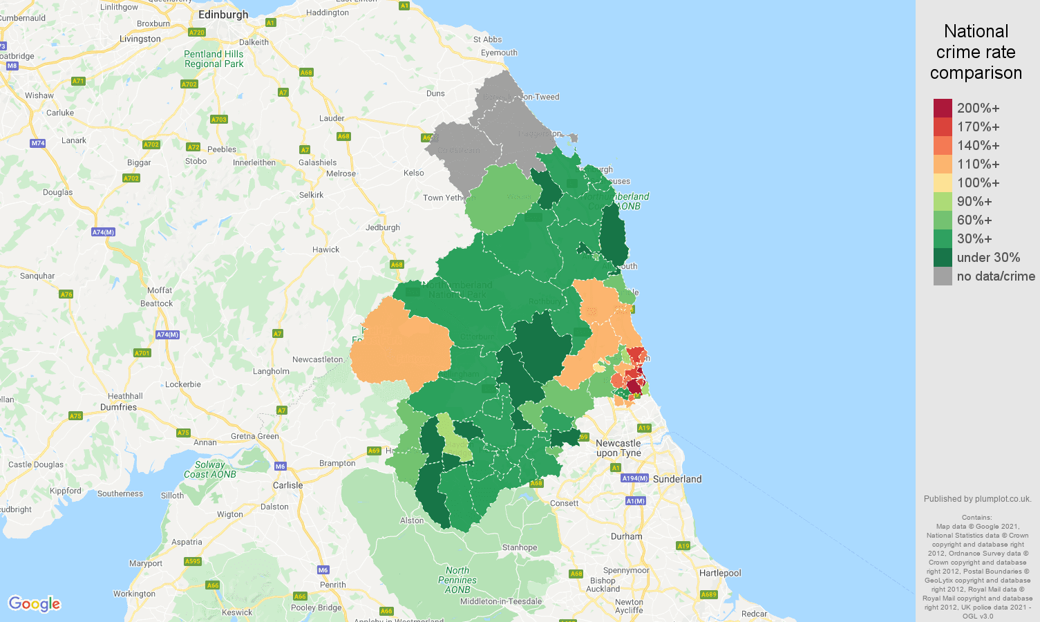 Northumberland violent crime rate comparison map