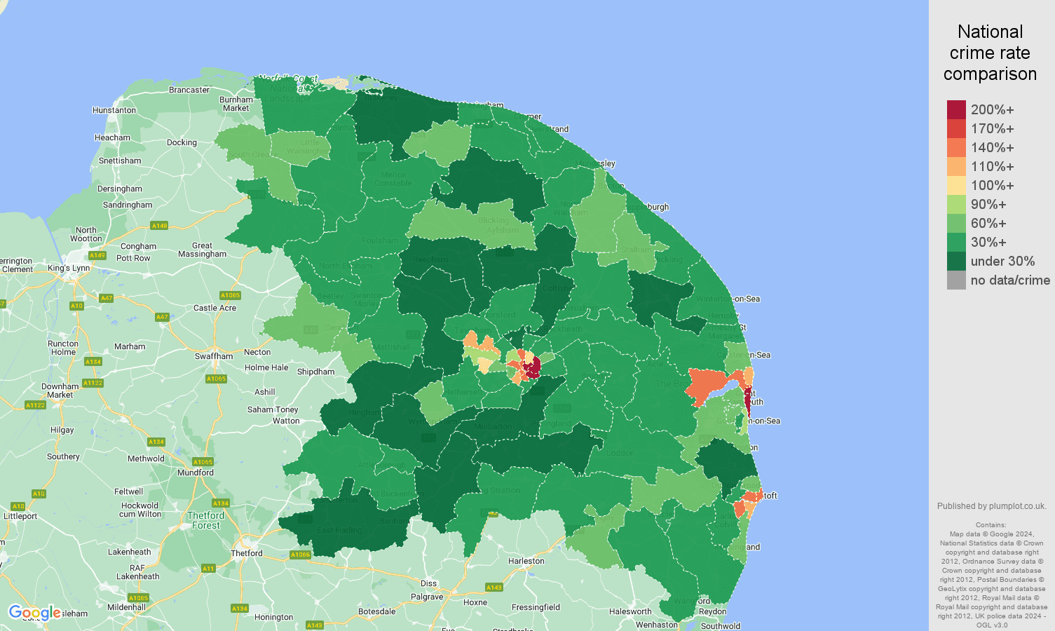 Norwich antisocial behaviour crime rate comparison map