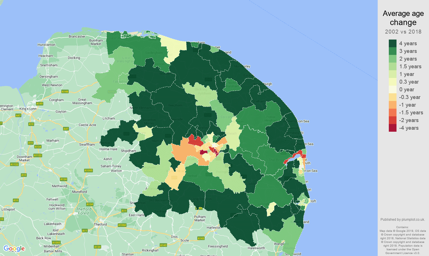 Norwich average age change map