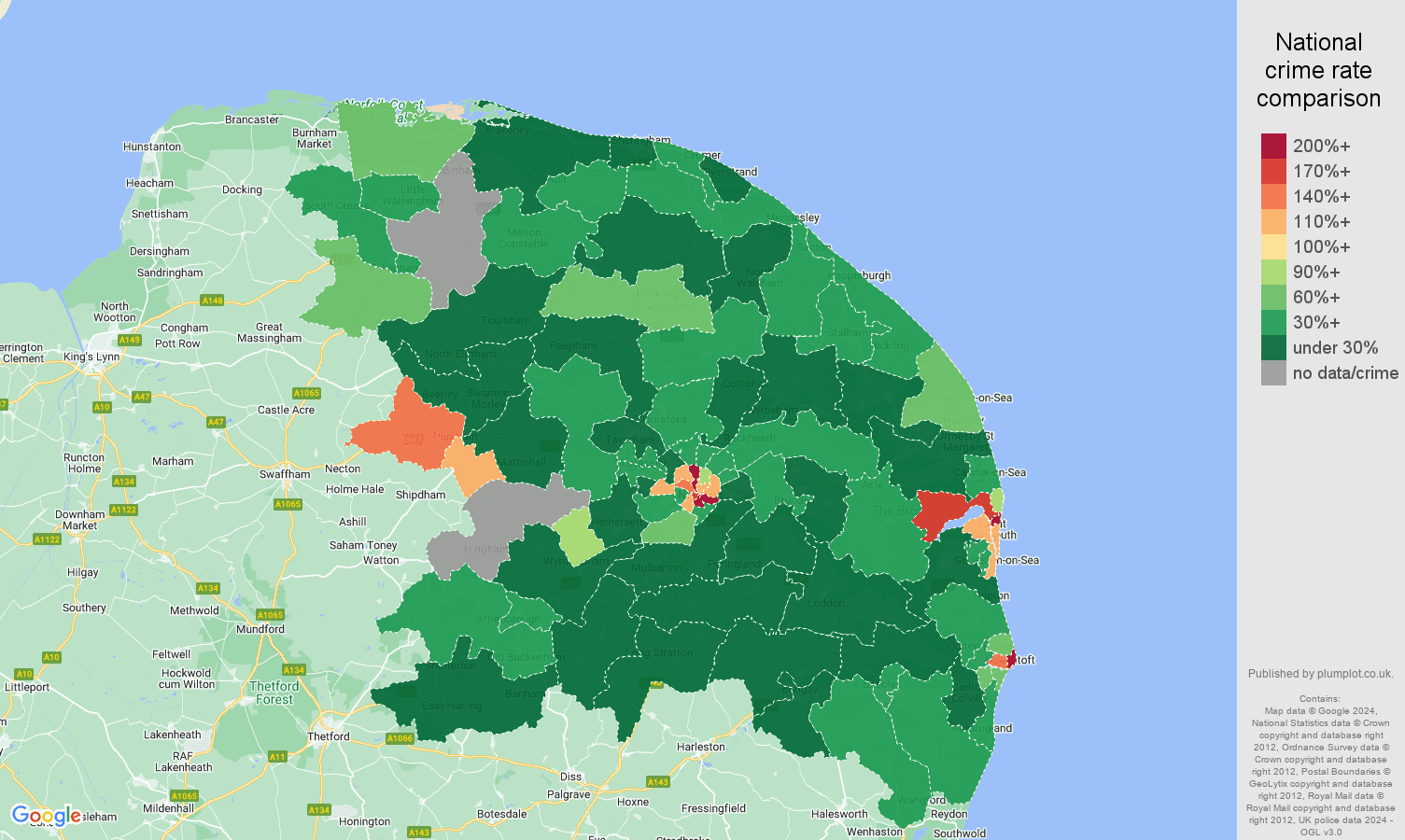 Norwich drugs crime rate comparison map