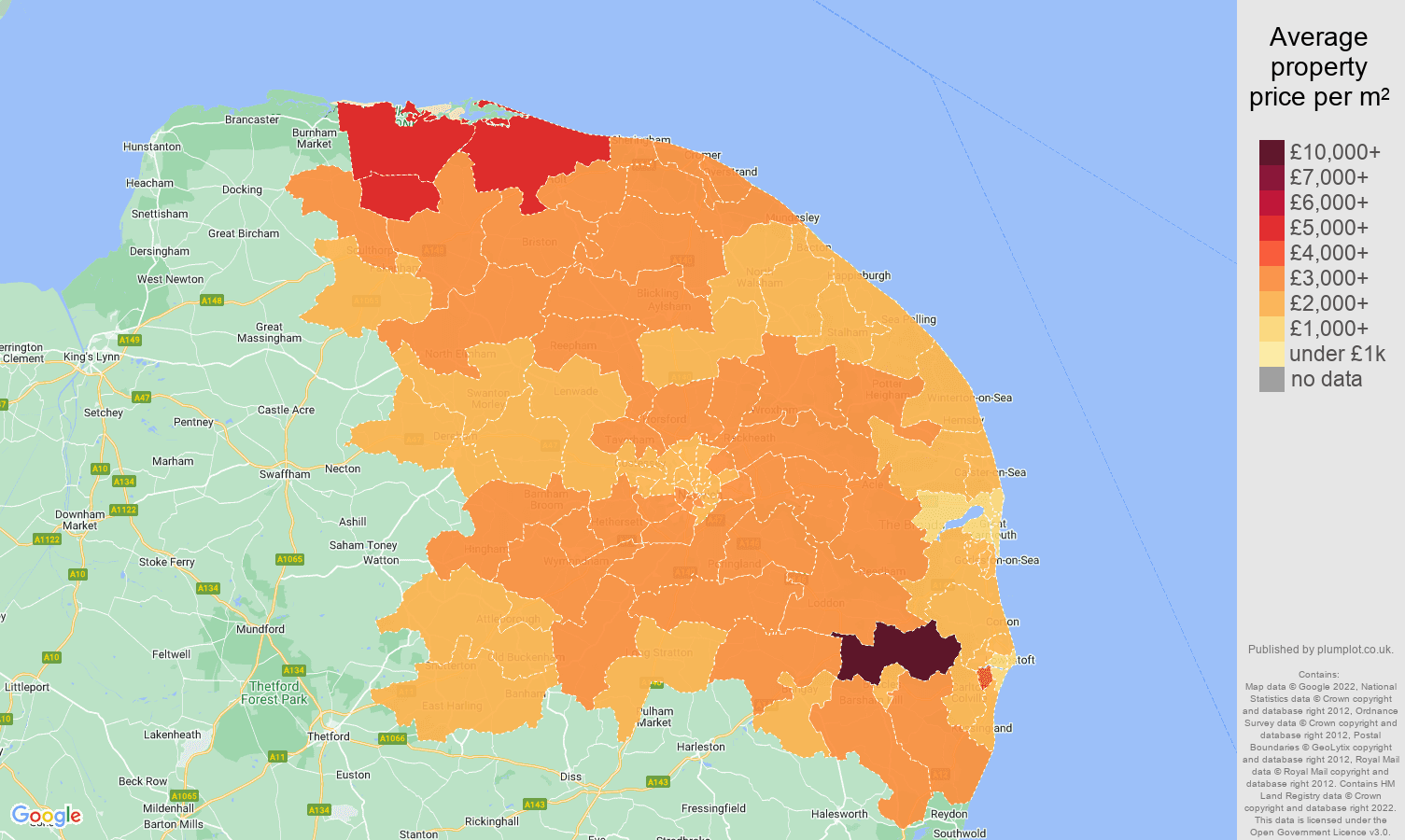 Norwich house prices per square metre map