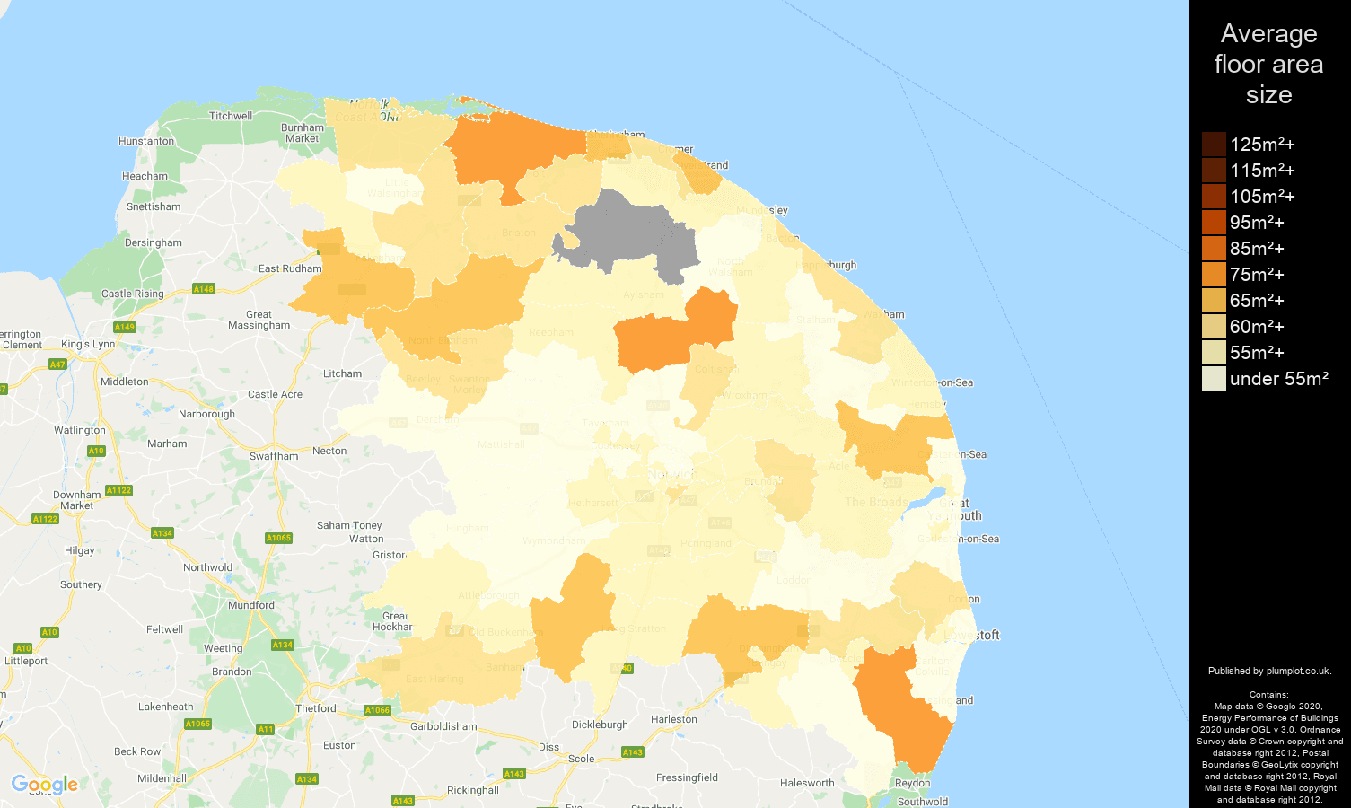 Norwich map of average floor area size of flats