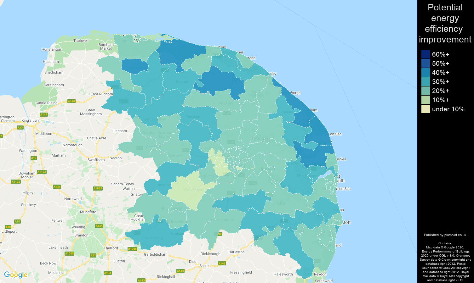 Norwich map of potential energy efficiency improvement of houses