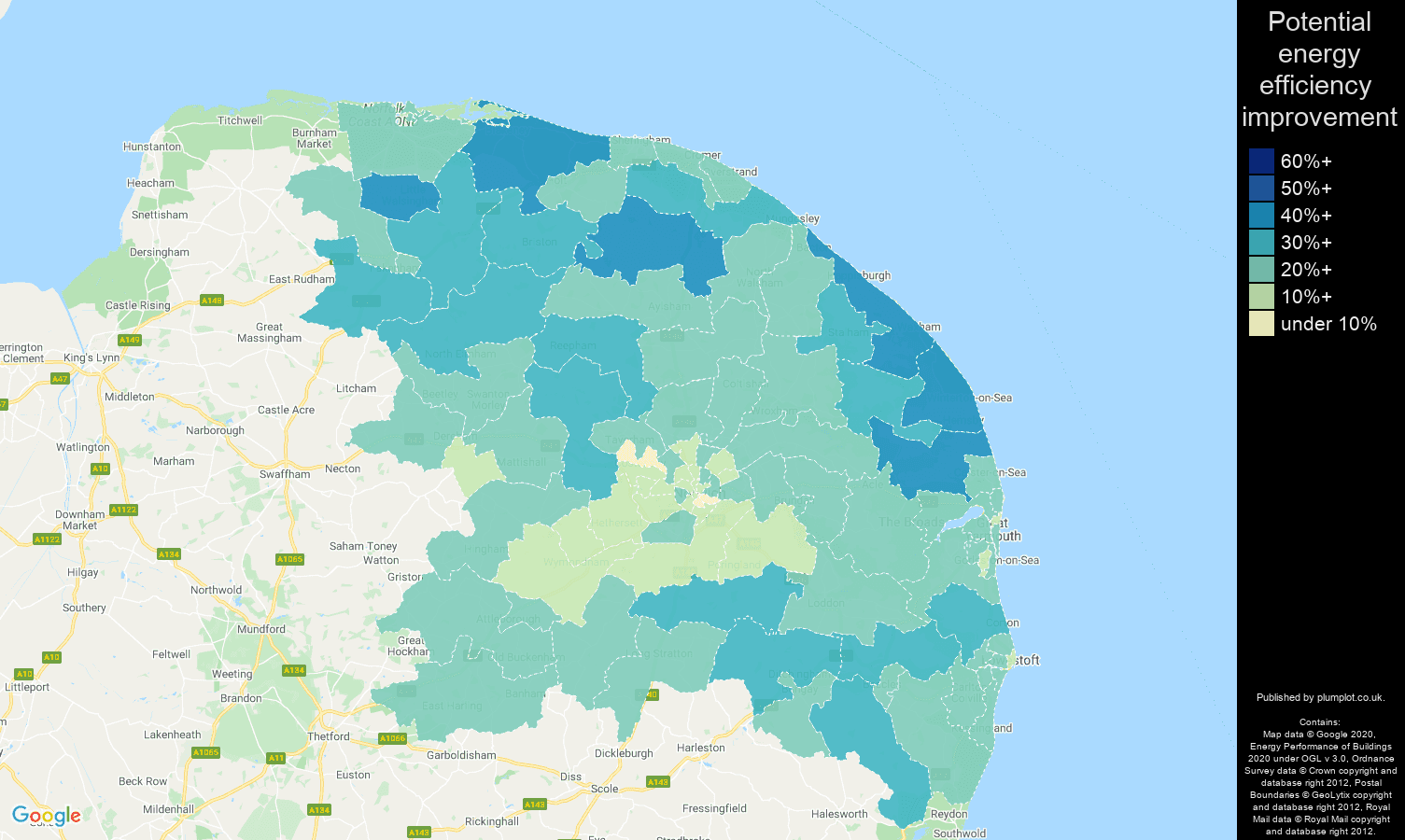 Norwich map of potential energy efficiency improvement of properties