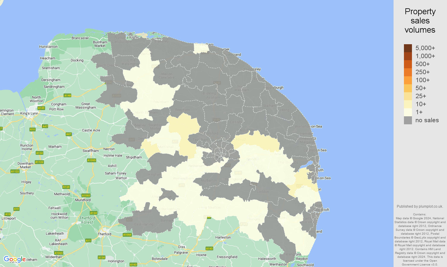 Norwich map of sales of new properties