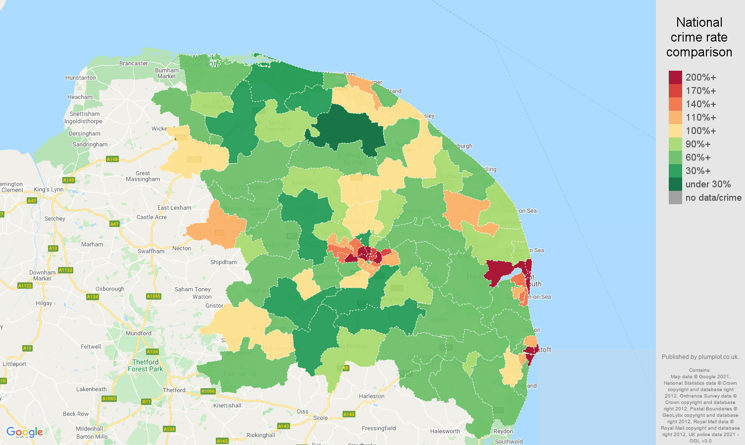 Norwich violent crime rate comparison map