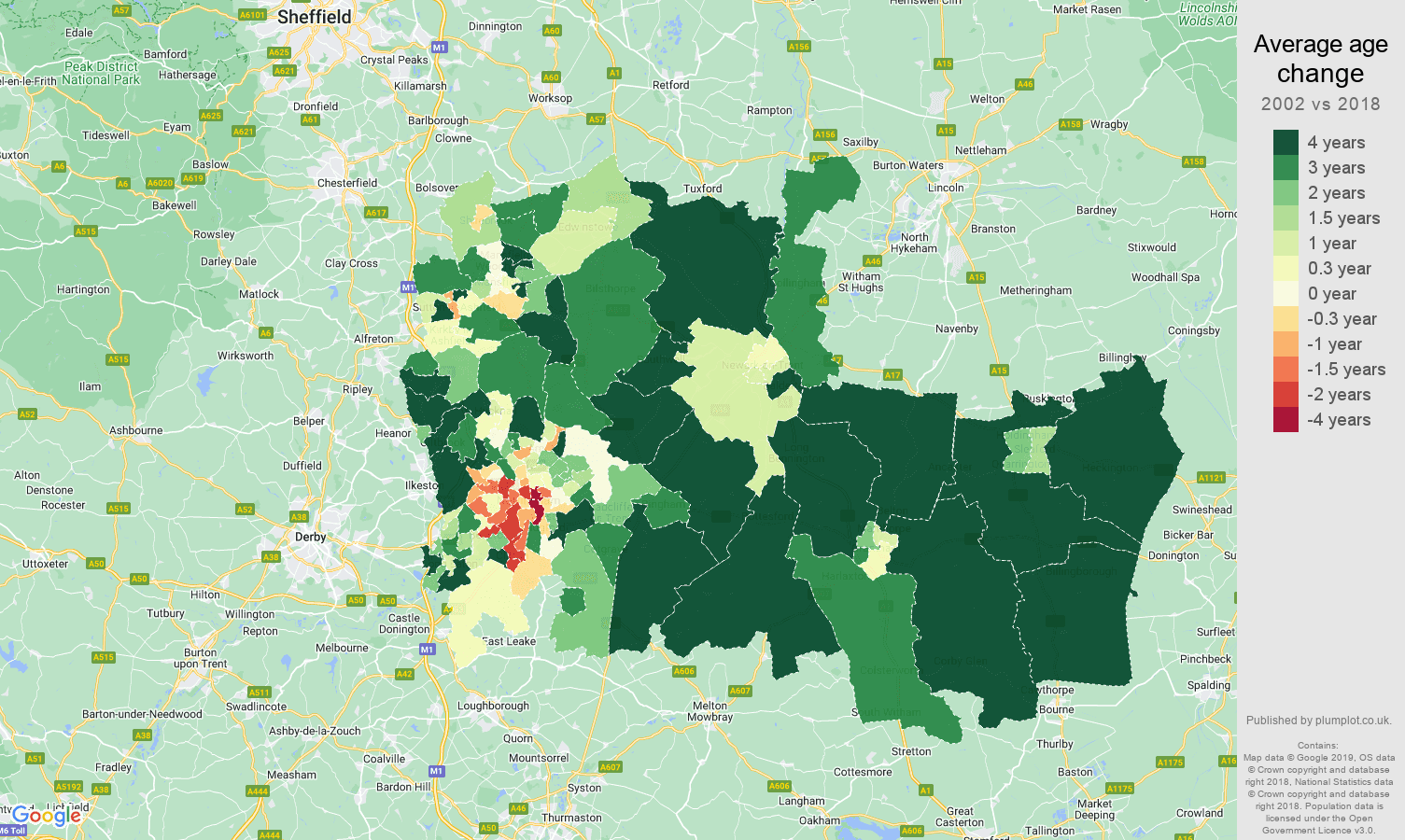 Nottingham average age change map