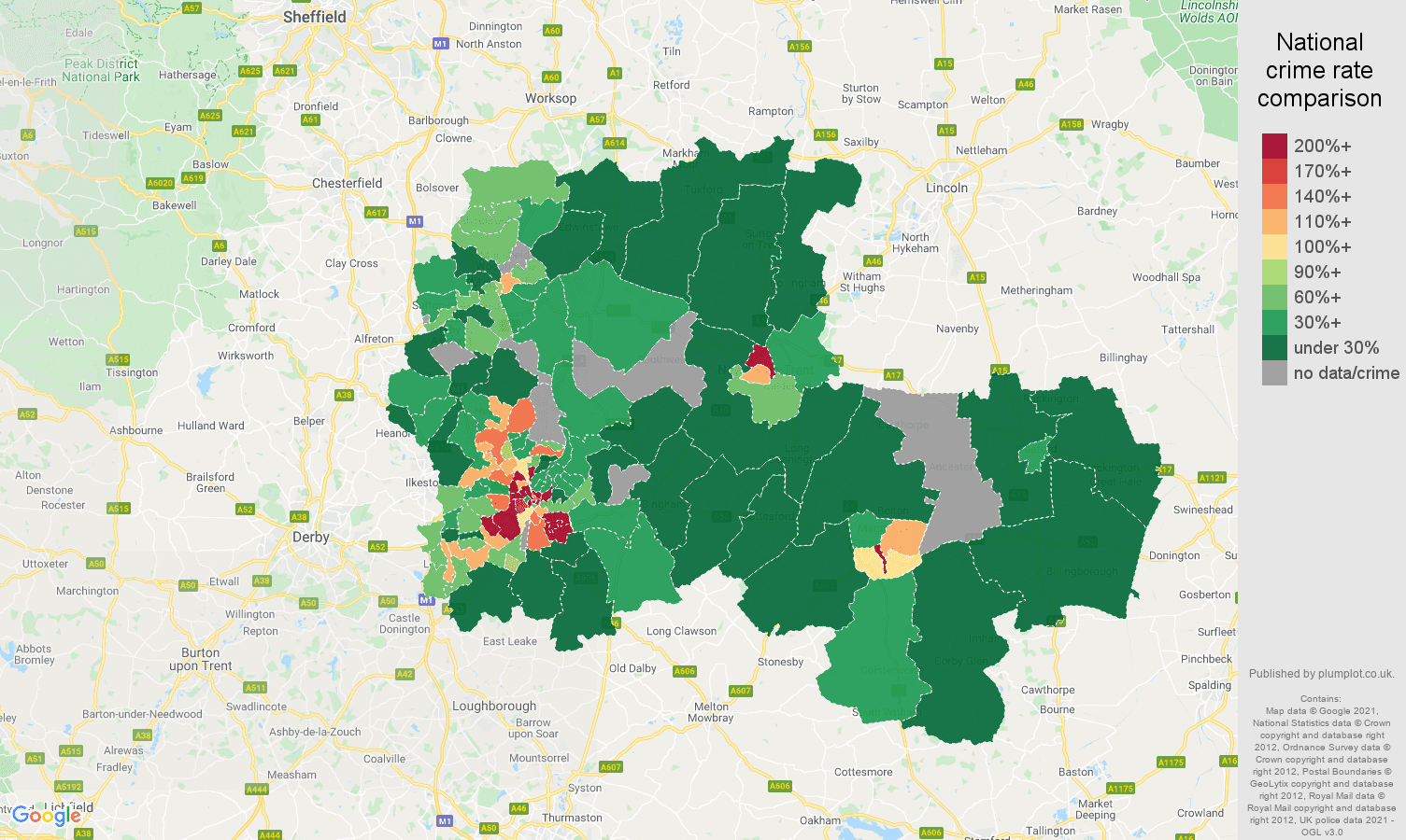 Nottingham bicycle theft crime rate comparison map