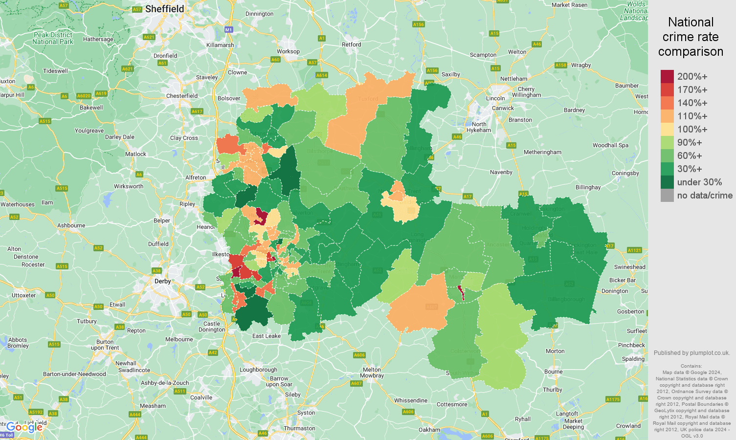 Nottingham burglary crime rate comparison map