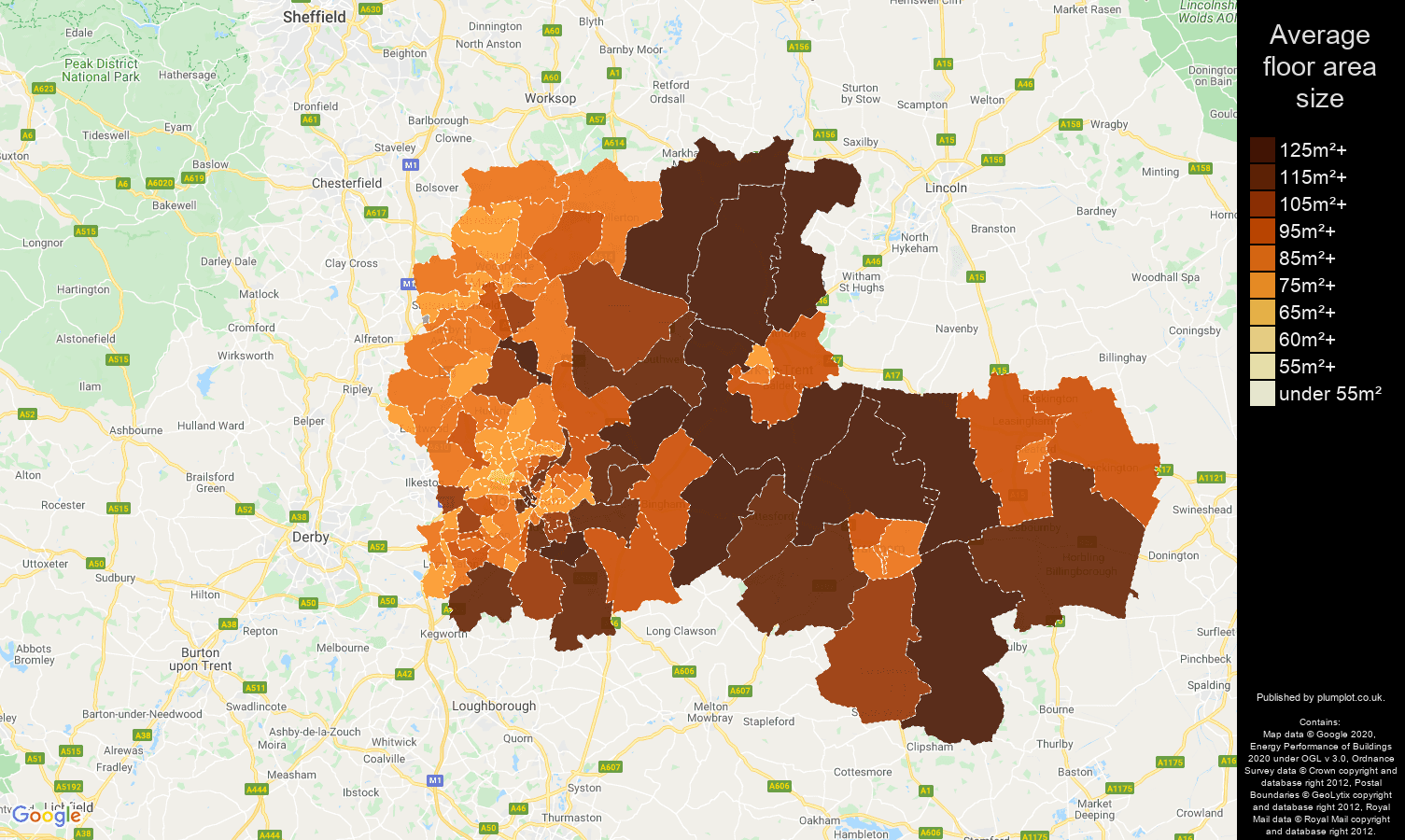 Nottingham map of average floor area size of houses